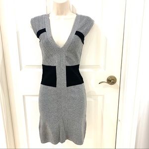 Gray and black stripe V-neck bandage dress